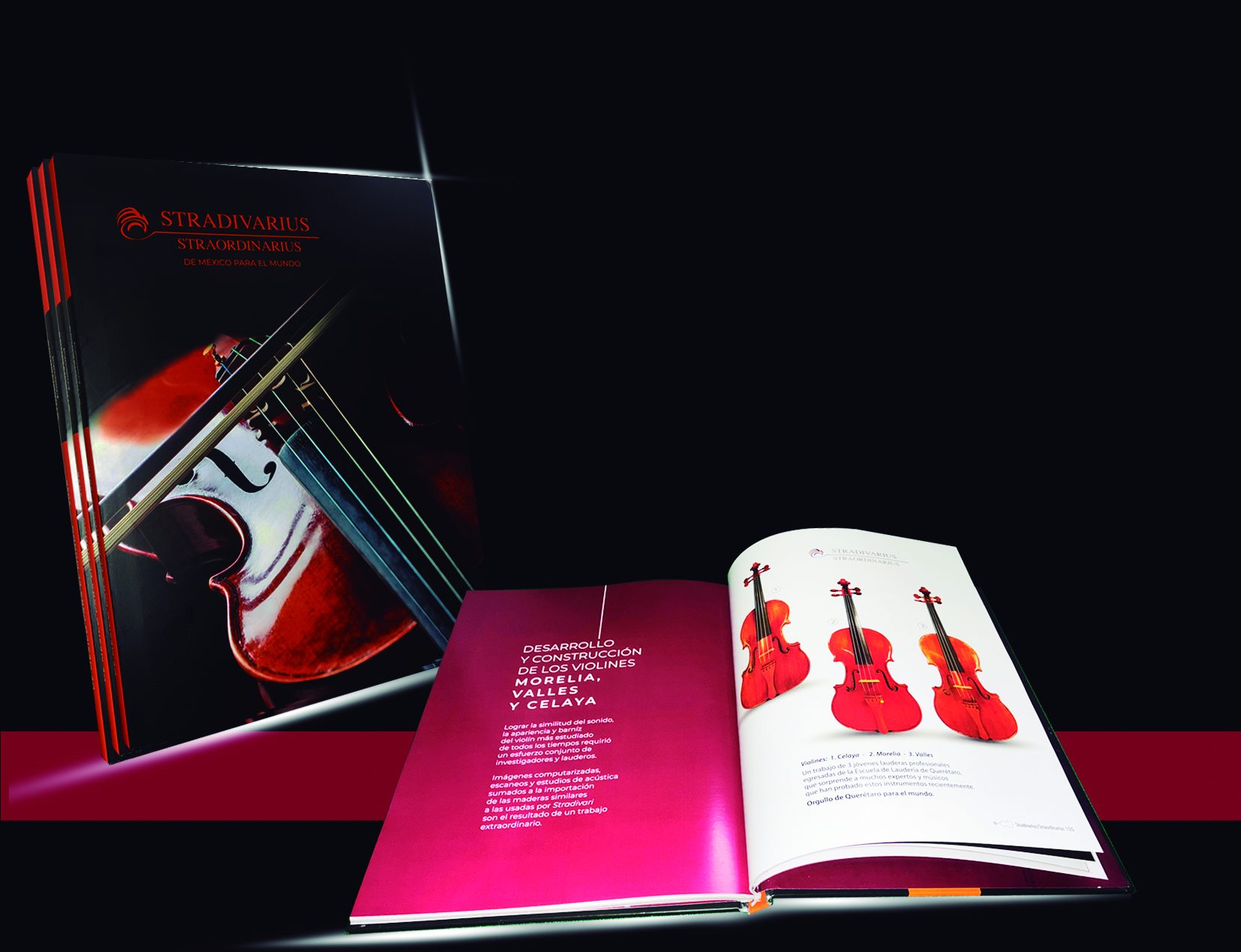 El libro cerrado junto a un ejemplar abierto en las páginas sobre los violines Morelia, Valles y Celaya