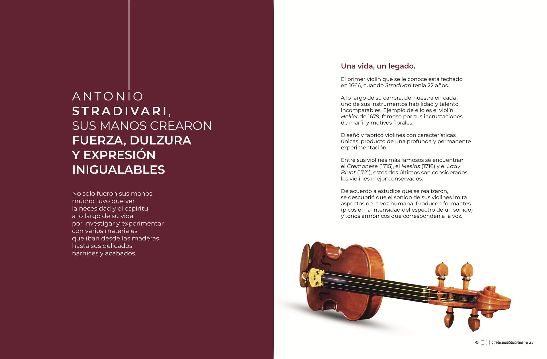 Páginas «Antonio Stradivari, sus manos crearon fuerza, dulzura y expresión inigualables» y «Una vida, un legado», con la fotografía de un violín.